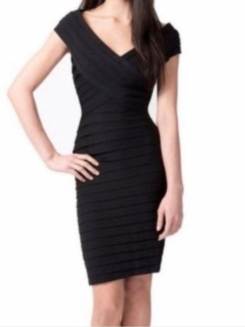 Adrianna Papell Black Tiered Shutter Pleat Sheath Dress Size 4